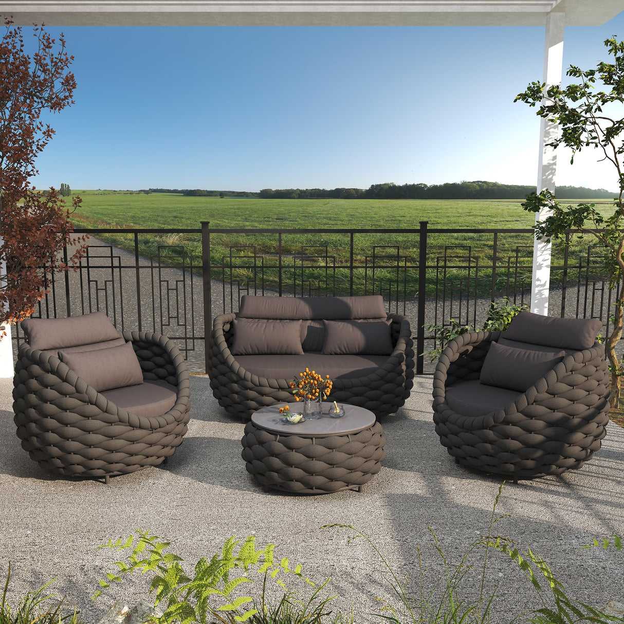 Erotr Aluminum Patio Furniture Set of 4: Woven Rope Outdoor Conversation Sofa Set Assembled - Modern Cushioned Armchair Couch Set for 660lbs Porch Deck Backyard Poolside Drawing Room Hotel, Dark Gray Erotr