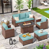 VONZOY 6 Pieces Patio Furniture Set with 44" Gas Fire Pit Table, Outdoor Sectional Conversation Sets, All-Weather Wicker Rattan Sofa w/Gas Fire Pit, Ottoman, Thick Cushion Light Blue VONZOY