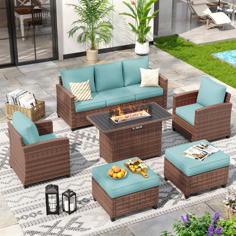 VONZOY 6 Pieces Patio Furniture Set with 44" Gas Fire Pit Table, Outdoor Sectional Conversation Sets, All-Weather Wicker Rattan Sofa w/Gas Fire Pit, Ottoman, Thick Cushion Light Blue VONZOY