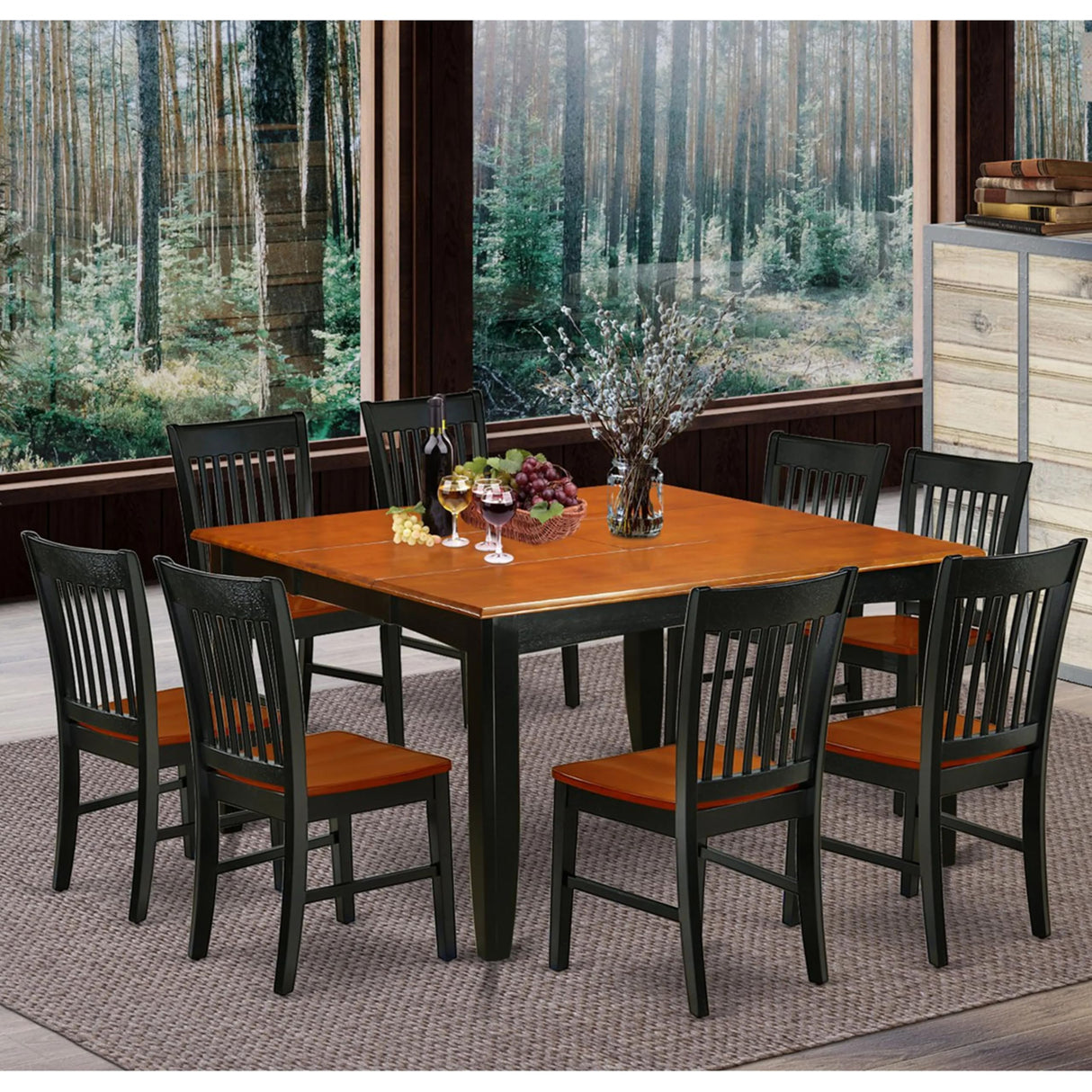 East West Furniture PFNO9-BCH-W 9 Piece Dining Room Table Set Includes a Square Kitchen Table with Butterfly Leaf and 8 Dining Chairs, 54x54 Inch, Black & Cherry East West Furniture
