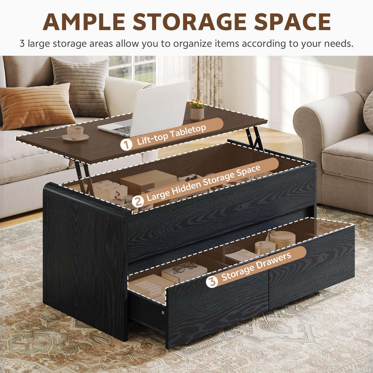 Homiflex Coffee Table Lift Top, 40 Inch Multi-Function Coffee Table with 2 Drawers, Hidden Compartment, Curved Profile Design, Converts to Home Office Table, Dining Table for Living Room, Black Homiflex