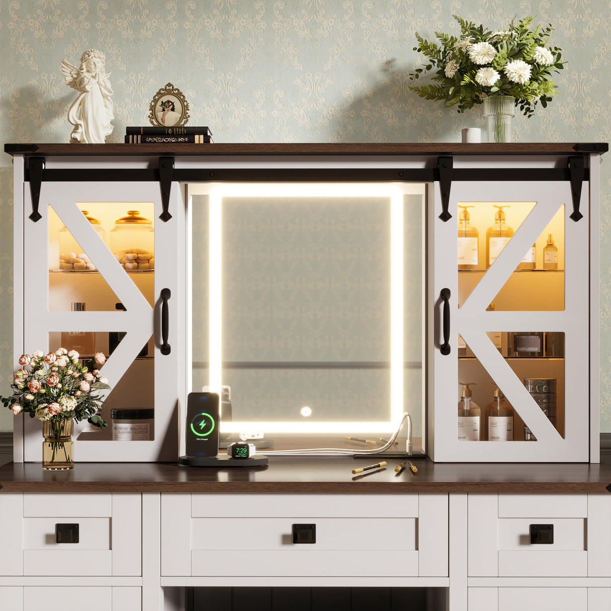 Merax 43.3" Farmhouse Makeup Vanity Desk with Lighted Mirror,Vanity Table Set with Storage Stool with Sliding Barn Door Hidden Shelves & 3 Drawers & 4 Cabinets,Beige Merax