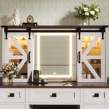 Merax 43.3" Farmhouse Makeup Vanity Desk with Lighted Mirror,Vanity Table Set with Storage Stool with Sliding Barn Door Hidden Shelves & 3 Drawers & 4 Cabinets,Beige Merax