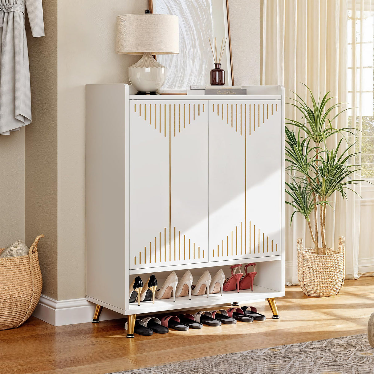 YITAHOME Shoe Cabinet with Doors for Entryway, 5-Tier White Shoe Storage Cabinet Modern Self-Supporting Wood Organizer Cabinet for Entryway Living Room Hallway, White&Gold YITAHOME