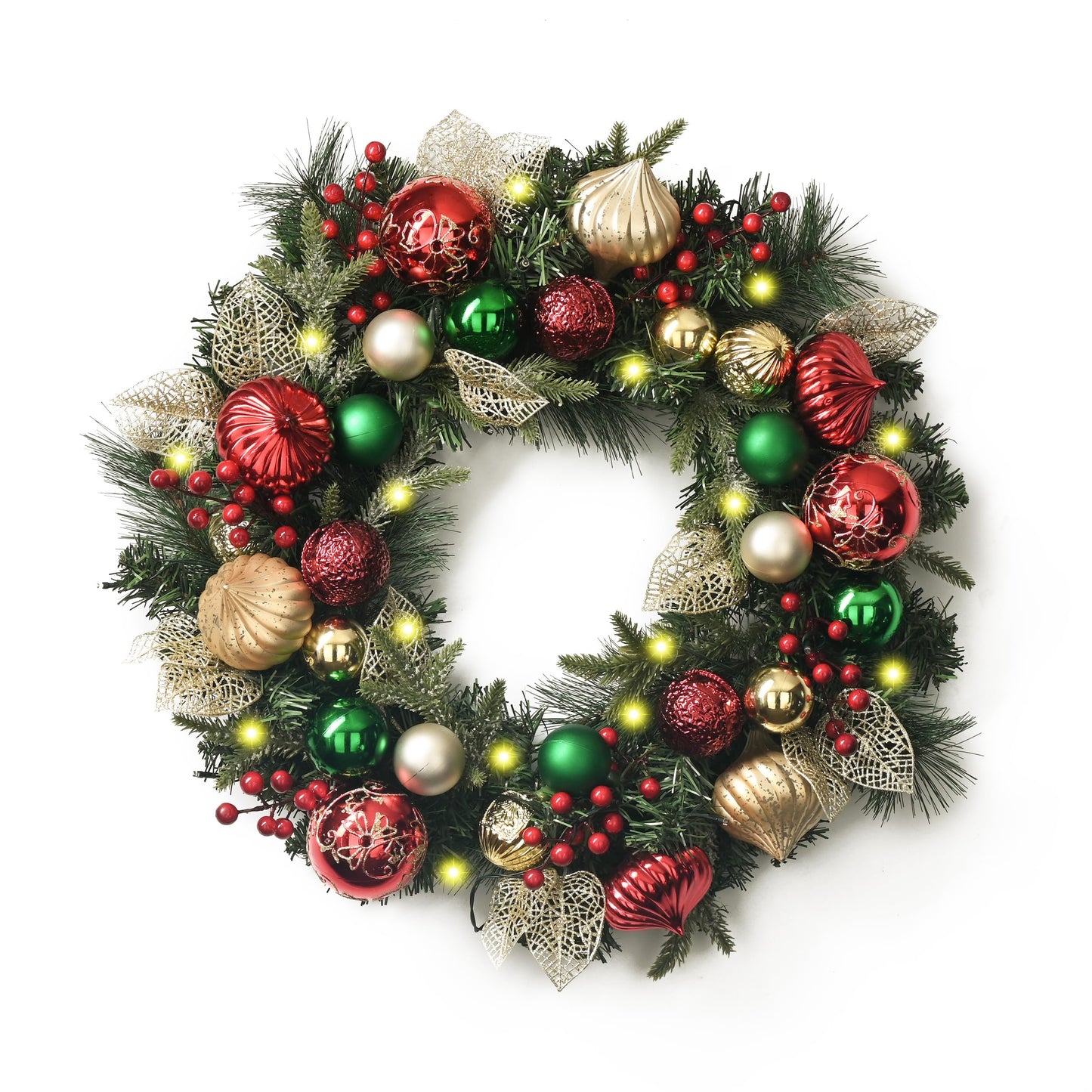 Valery Madelyn 24 Inch Pre-Lit Christmas Wreath for Front Door with Lights, Large Lighted Christmas Wreath with Red Green Gold Xmas Ball for Fireplace Window Outdoor Table Centerpiece Home Decoration