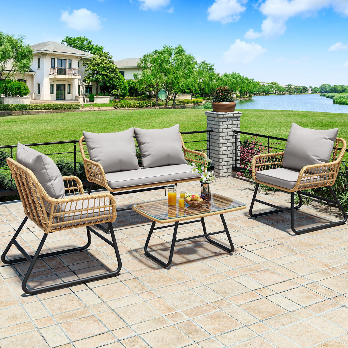 YITAHOME 4 Piece Patio Furniture Set, Outdoor Wicker Furniture Set with Removable Cushion, Rattan Patio Loveseat Set for Garden, Backyard, and Deck,Armchairs, Glass Side Table, Light Gray & Beige YITAHOME
