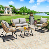 YITAHOME 4 Piece Patio Furniture Set, Outdoor Wicker Furniture Set with Removable Cushion, Rattan Patio Loveseat Set for Garden, Backyard, and Deck,Armchairs, Glass Side Table, Light Gray & Beige YITAHOME