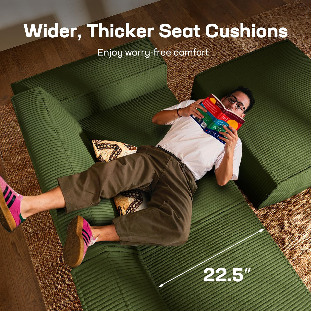 Marsail Modular Sectional Sofa, 111" L-Shaped Modular Sectional Couch with Deep Seat, Freely Combinable Sectional Clound Sofa for Living Room, No Assembly, Plush Corduroy Fabric, Green Marsail