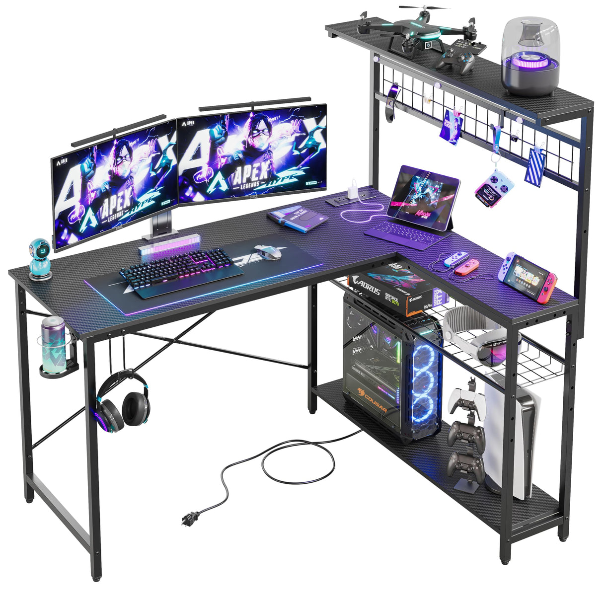 Bestier L Shaped Gaming Desk with Power Outlets, 51 inch Large LED Computer Desk Reversible Corner Desk with 4 Tiers Storage Shelves, Gamer Desk with Headset Hooks and Cup Holder, Carbon Fiber Black Bestier