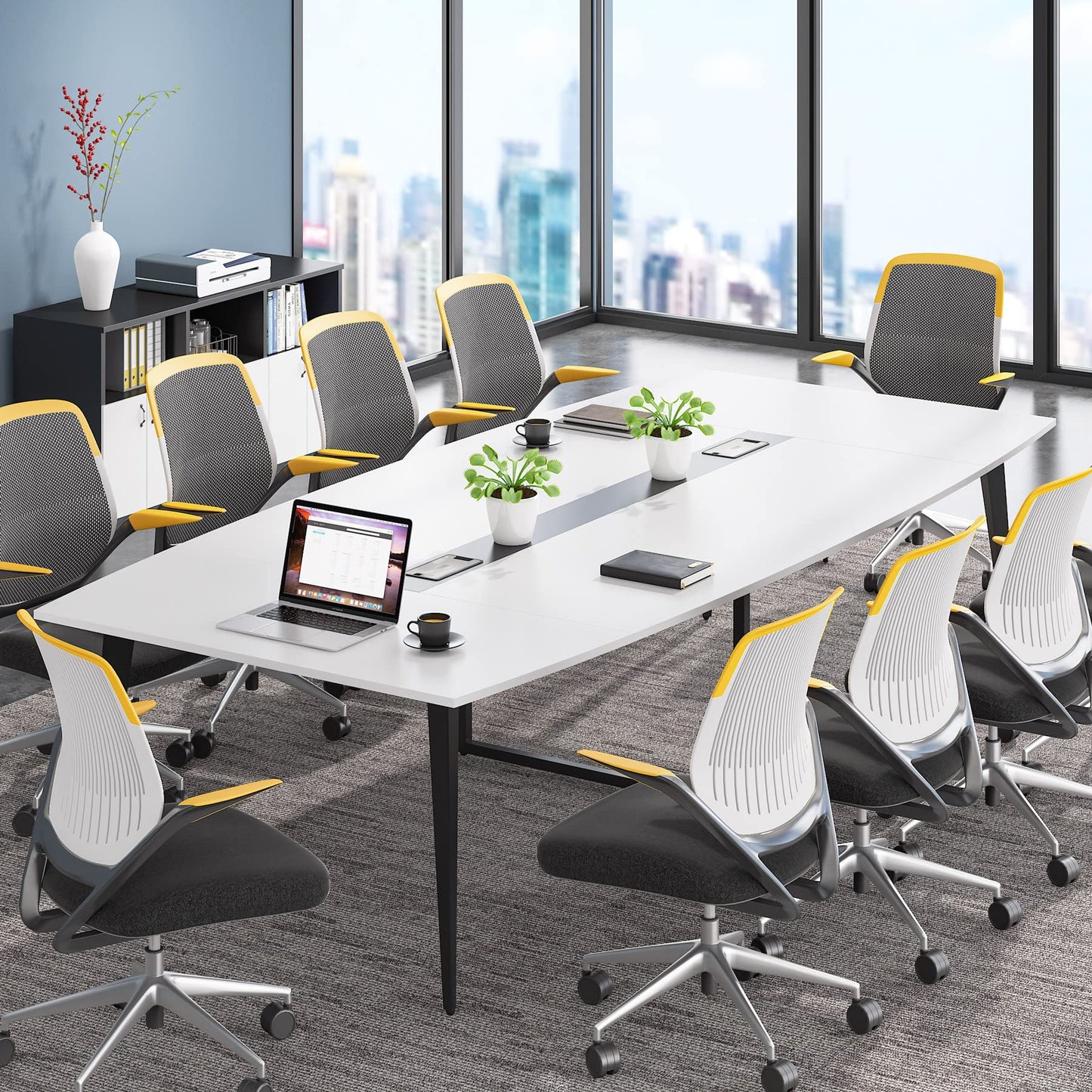 Tribesigns 8FT Conference Table, 94.48L x 47.24W x 29.52H Inches Large Boat Shaped Meeting Seminar Table with Cable Grommets, Modern Conference Room Table for Office - WoodArtSupply