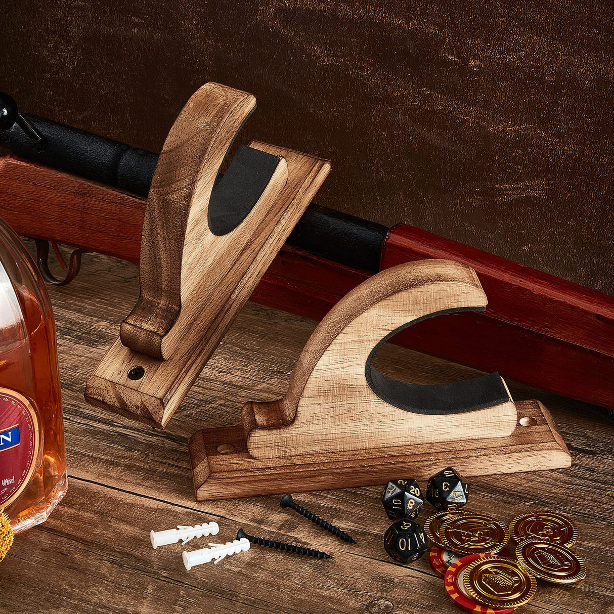 4 Pack Gun Rack for Wall Rifle Shotgun Bow Wood Rifle Stand Rustic Indoor Gun Hooks Horizontal Rifle Holder Solid Wooden Rifle Wall Mount Display Juexica