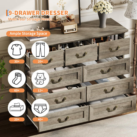 Dresser for Bedroom with 9 Drawers, 47" Wide Vintage Chest of Drawers with Metal Handle & Natural Texture, Wood Dresser for Closet with Two Different Drawer Sizes for Living Room, Hallway, Grey Garvee