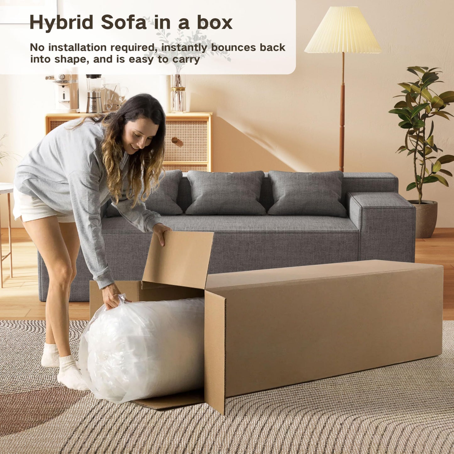 PurrJoys Modern 3-Seater Sofa, Hybrid Sofa in a Box, No Assembly Required, Comfy Sofa Couch with 3 Matching Pillows, Cat-Scratch Resistant Linen, Couch for Living Room or Bedroom, Grey