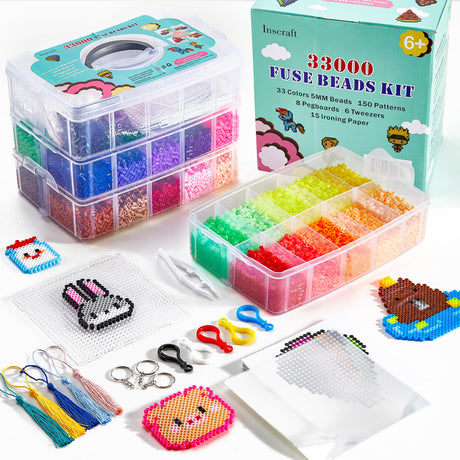 INSCRAFT Fuse Beads, 33000pcs Fuse Beads Kit for Kids, 33 Color 5MM Iron Beads Set with 150 Patterns, 8 Pegboards, 15 Ironing Paper, 6 Tweezers, 85 accessories, Craft Kits Gifts for Birthday Christmas INSCRAFT