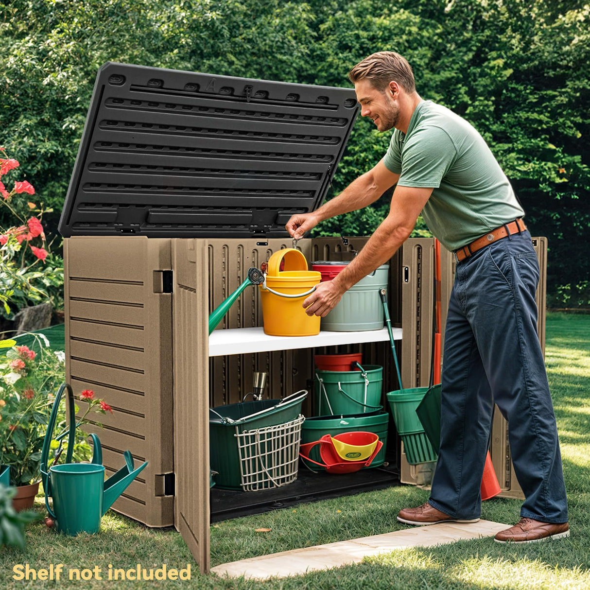DWVO Outdoor Weather-Resistant Horizontal Storage Shed, 35 Cu Ft Capacity, Lockable and Waterproof, Suitable for Storing Garden Tools, Brown DWVO