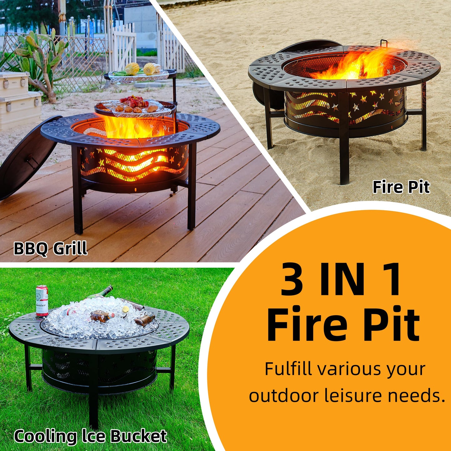 PrimeZone 36" Outdoor Fire Pit with 2 Grills - Wood Burning Firepit for Outside with Cover & Poker, Heavy Duty Metal Fire Pit Large Round Fireplace for Patio, Backyard, Picnic, Camping, Bonfire