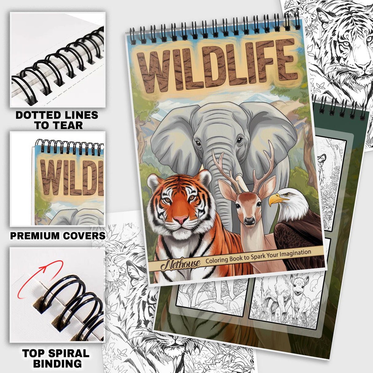 NETHOUSE Wildlife Coloring Book for Adults Relaxation & Stress Relief, Softcover, 30 Wild Scenes Coloring Pages of Natural Exploration, Diverse Wildlife NETHOUSE