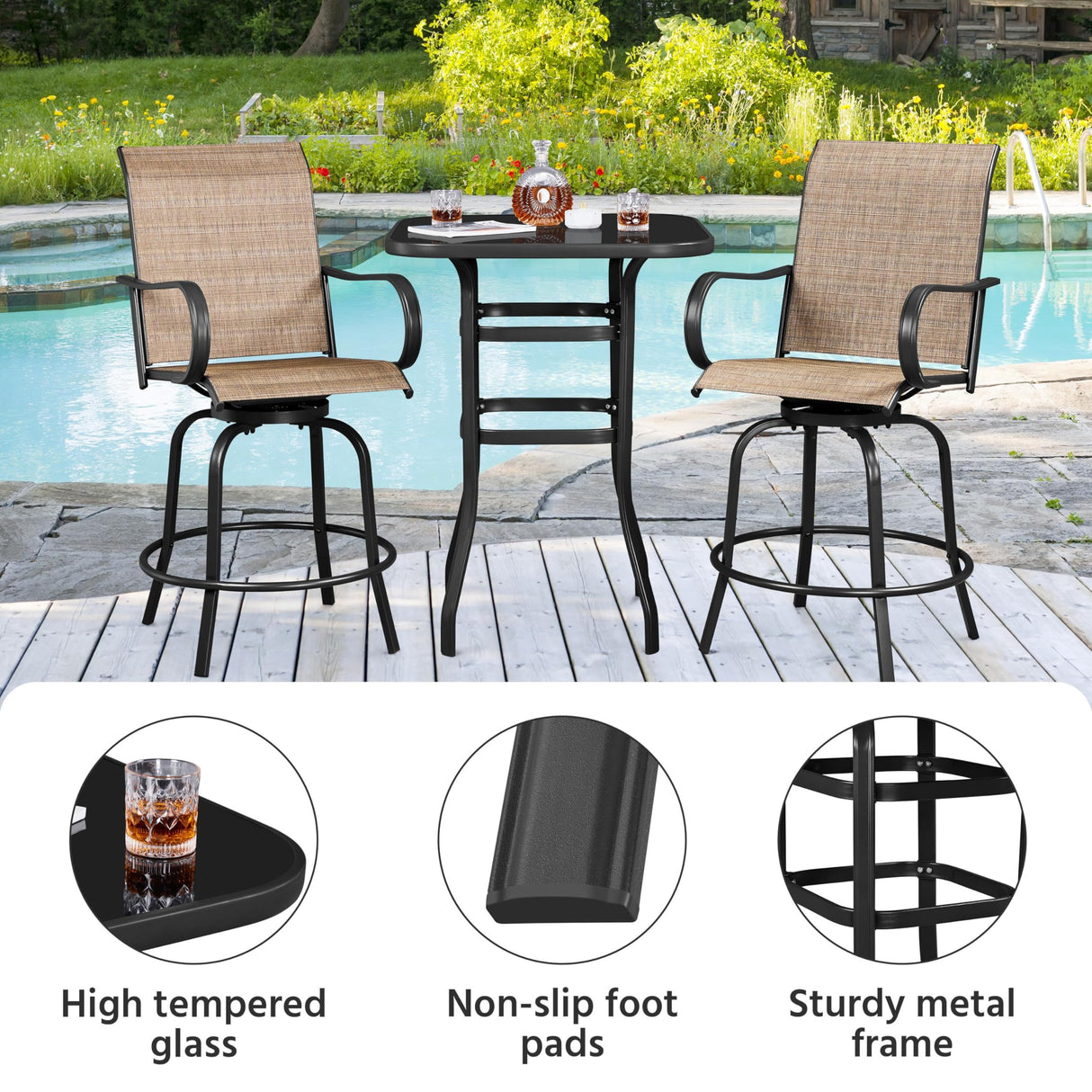 Yaheetech Metal Frame Patio Bar Table Tempered Glass, Height High Top Outdoor Pub Height Bistro Square Glass Side Table for Balcony Backyard Poolside, Black Yaheetech