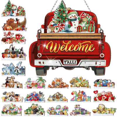Burbell 21 Pcs Interchangeable Diamond Painting Welcome Sign for Front Door Diamond Painting Truck Decor Interchangeable Seasonal Welcome Sign for DIY Art Kit Wall Window Door Farmhouse(Red)