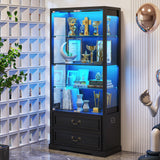 FREDEES Display Cabinet with Glass Doors,67" Adjustable Display Shelf with 2 Drawers and 4 Tier Curio Cabinet,Tall Bookcase with 3 Color Lights and Human Body Sensor for Toys,Books（Black） FREDEES