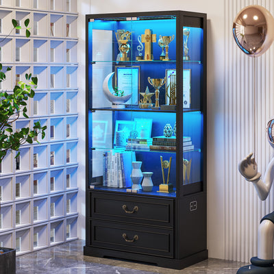 FREDEES Display Cabinet with Glass Doors,67" Adjustable Display Shelf with 2 Drawers and 4 Tier Curio Cabinet,Tall Bookcase with 3 Color Lights and Human Body Sensor for Toys,Books（Black）