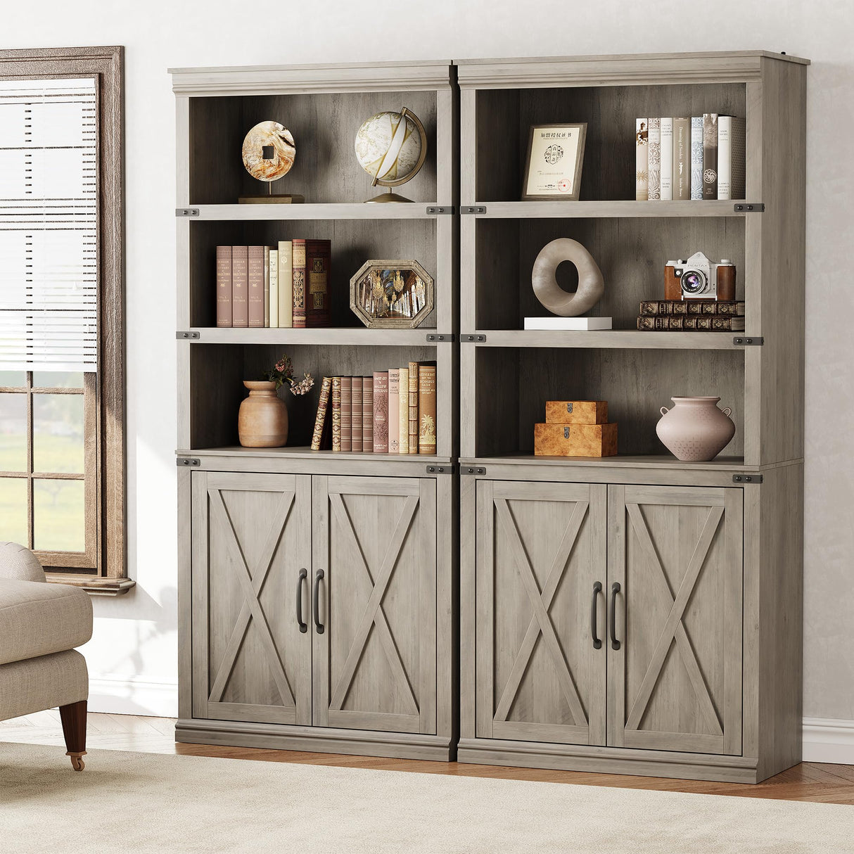 GarveeHome 5 Tier Book case with Cabinet, Farmhouse Book Shelf with Storage Doors, 68.7 in Tall Wooden 5 Shelf Case for Home Office, Living Room, Bed Room-(Grey, 68.7 in H x 31.5 in W x 12.9 in D) GarveeHome