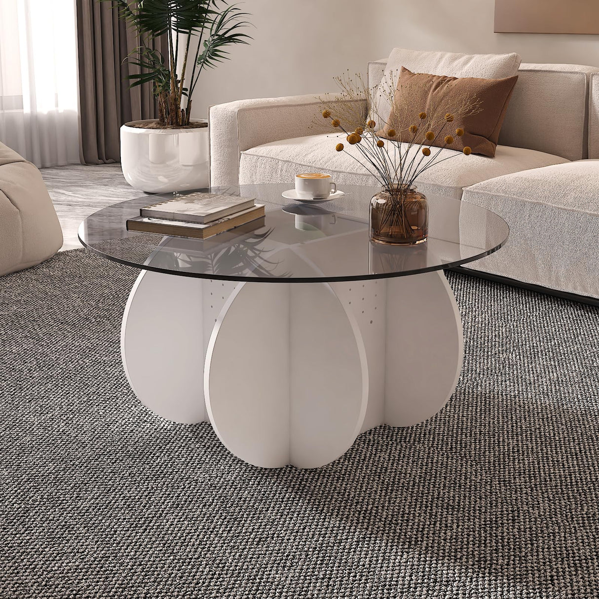 HedoAjim Round LED Coffee Table with Glass Top,Center Table with Storage for Living Room,Small Spaces, Office, and Lounge,32" White and Grey Glass Coffee Table with Smart Music Lamp HedoAjim
