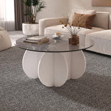 HedoAjim Round LED Coffee Table with Glass Top,Center Table with Storage for Living Room,Small Spaces, Office, and Lounge,32" White and Grey Glass Coffee Table with Smart Music Lamp HedoAjim