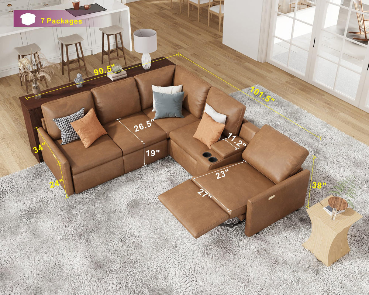 AMERLIFE Single Left Power Recliner Sofa, Reclining Sectional Sofa with Console, 5 Seats L Shaped Couch with Cup Holder& Charging Socket, Leather Modular Sofa for Living Room AMERLIFE