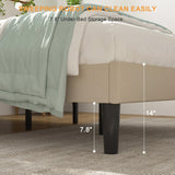 VECELO Twin Size Bed Frame with Adjustable Headboard, Upholstered Button Tufted Platform Bedframe with Wood Slats Support, No Box Spring Needed, Beige VECELO