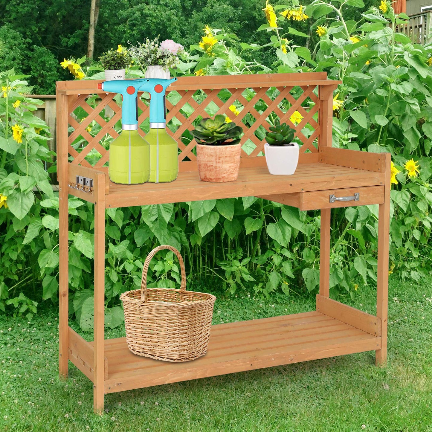 VINGLI Wood Garden Potting Bench Table with Cabinet Drawer, Open Shelf, Lower Storage and Hooks for Gardening Supplies (45 x 20 x 44in) - WoodArtSupply