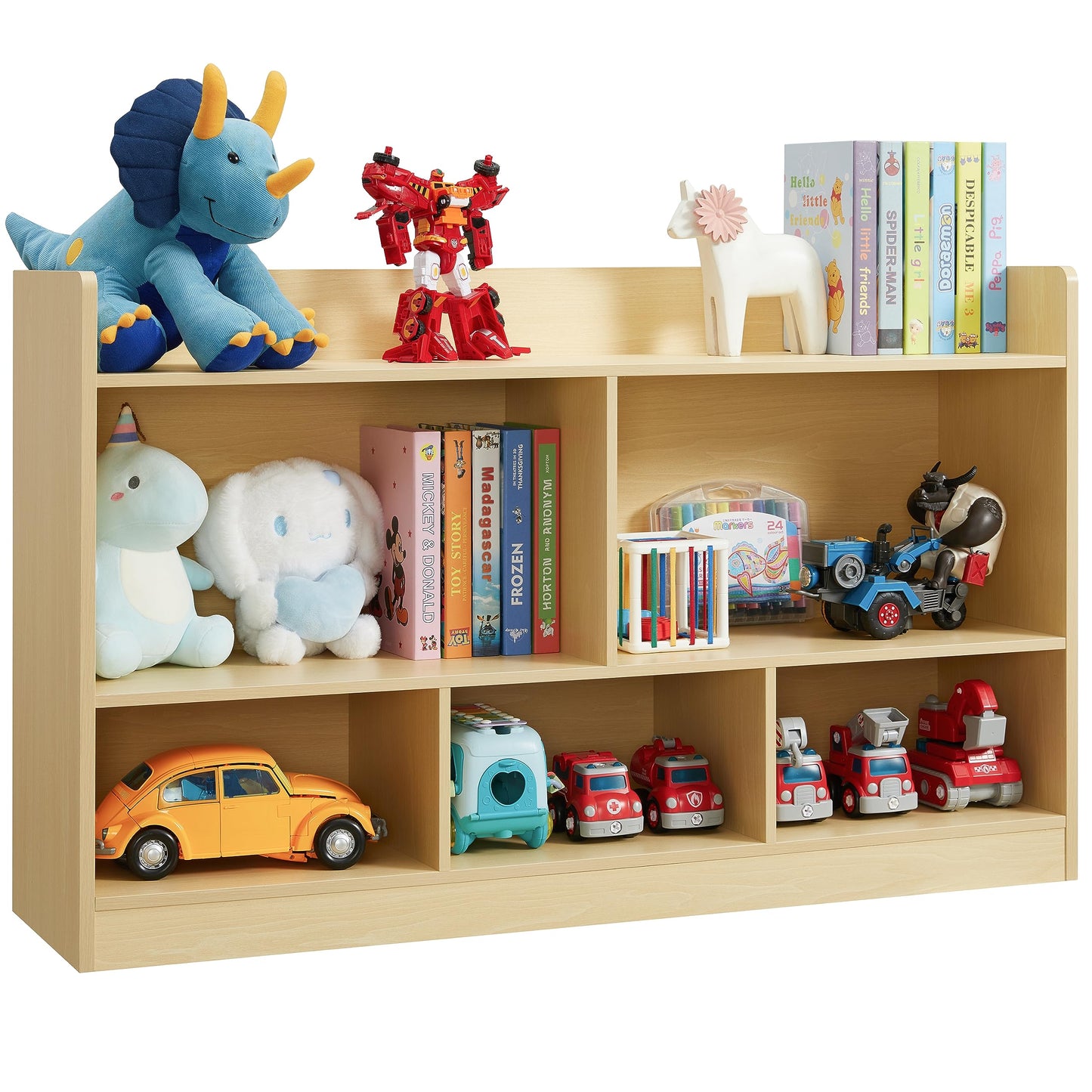 Kids Toy Storage Organizer, 5-Section Bookshelf for Organizing Books Toys, Wooden Storage Cabinet Daycare Furniture for School, Classroom Playroom, Nursery, Kindergarten (Natural)