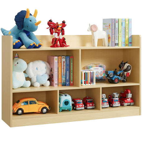 Natural Wooden 5-Section Kids Toy Storage Organizer & Bookshelf for Playroom, Nursery, and Classroom Onirw