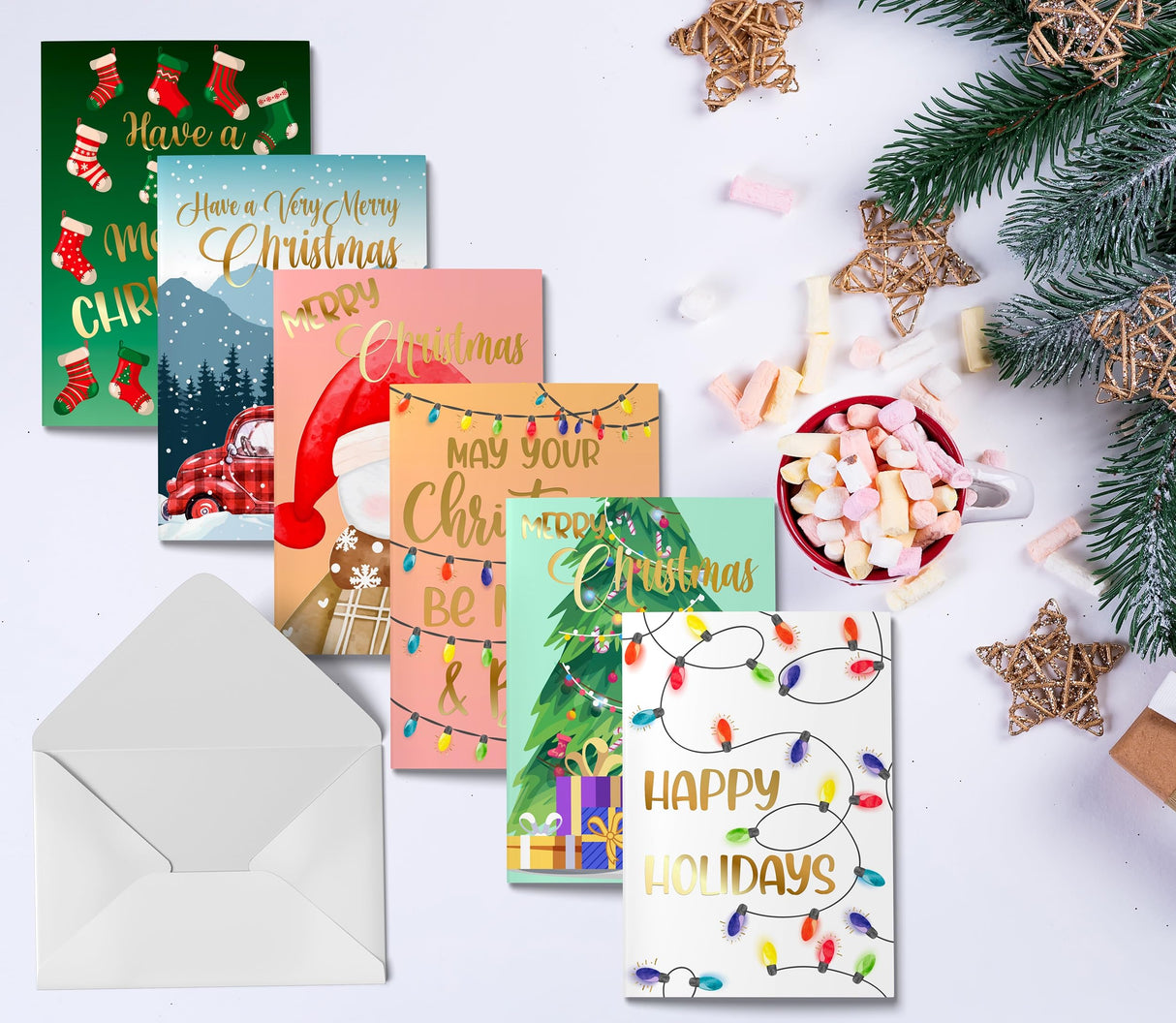 Better Office Products 50 Pack Christmas Cards Set with Gold Foil Accents, 4" x 6", Fun & Festive Designs, Blank Inside, Boxed Set Better Office Products