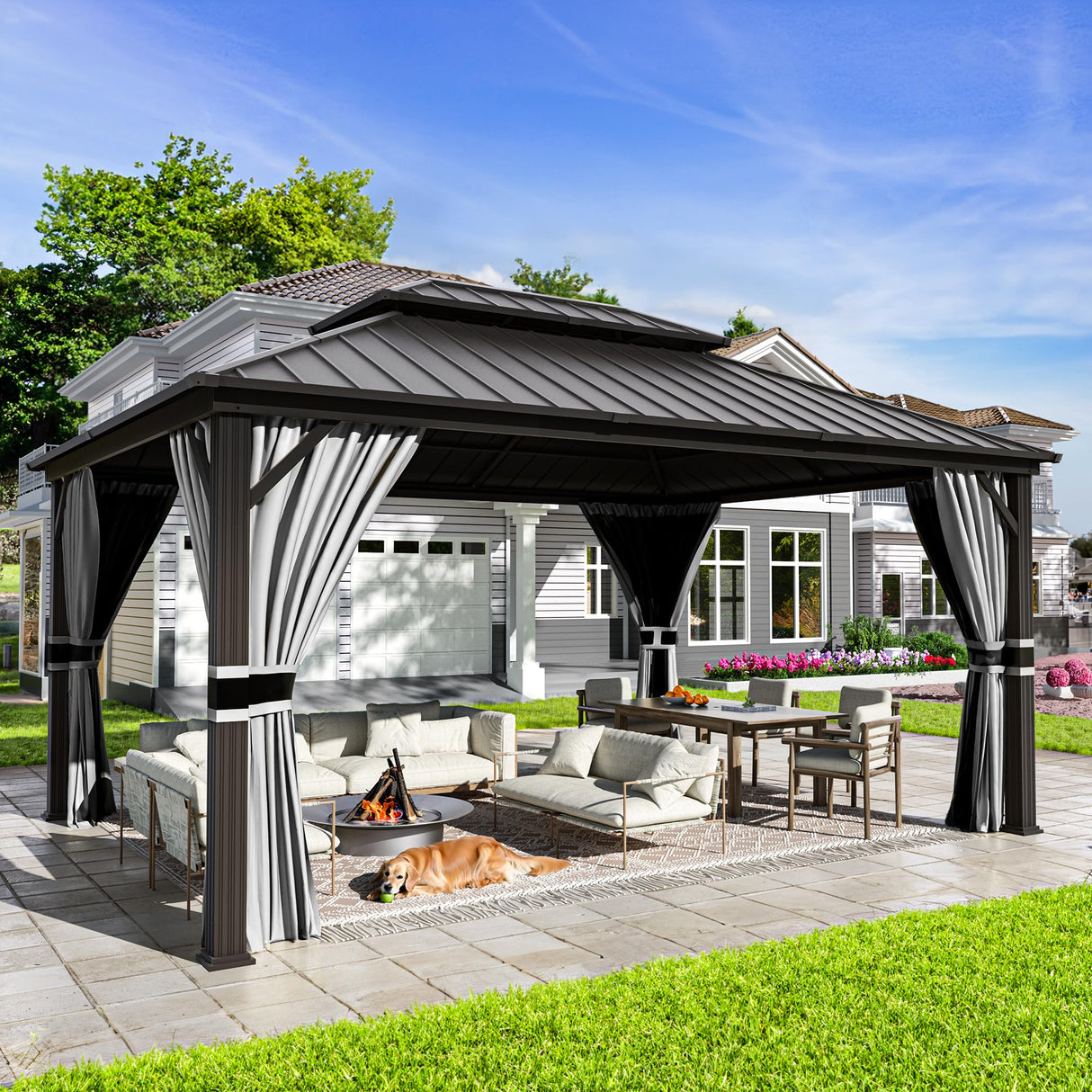 UDPATIO 12' x 16' Hardtop Gazebo, Galvanized Steel Double Roof Permanent Aluminum Gazebo, Outdoor Metal Pergolas with Mosquito Netting and Curtains for Garden, Parties, Patio, Deck, Lawns, Grey UDPATIO