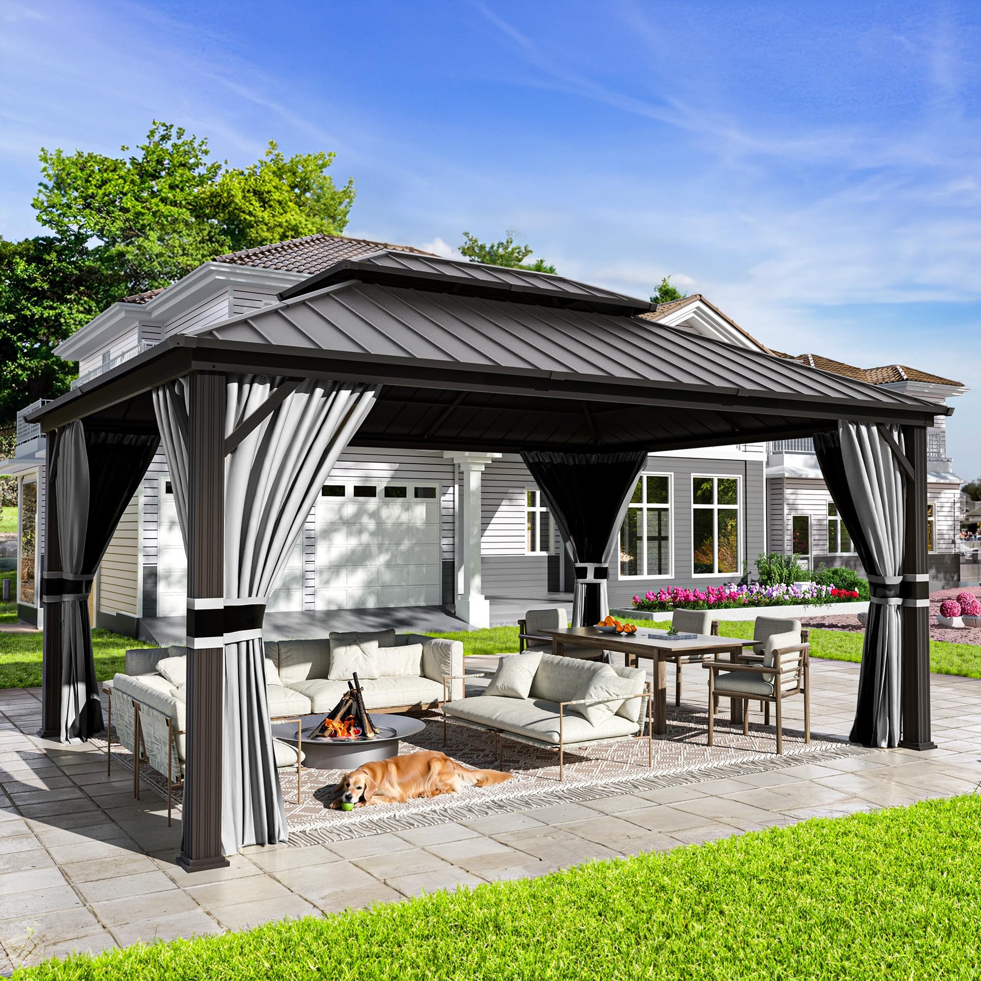 UDPATIO 12' x 16' Hardtop Gazebo, Galvanized Steel Double Roof Permanent Aluminum Gazebo, Outdoor Metal Pergolas with Mosquito Netting and Curtains for Garden, Parties, Patio, Deck, Lawns, Gr - WoodArtSupply