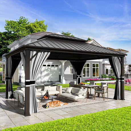 UDPATIO 12' x 16' Hardtop Gazebo, Galvanized Steel Double Roof Permanent Aluminum Gazebo, Outdoor Metal Pergolas with Mosquito Netting and Curtains for Garden, Parties, Patio, Deck, Lawns, Grey UDPATIO