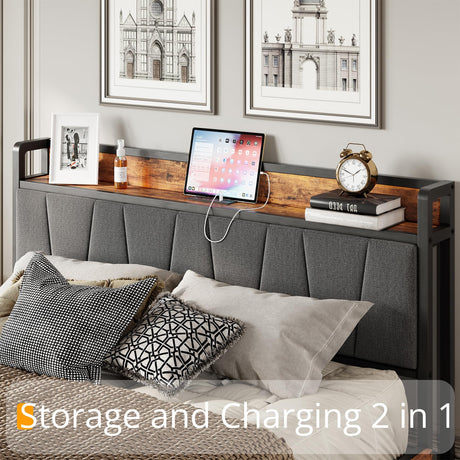 LIKIMIO Vintage Brown King Bed Frame with 4 Storage Drawers and Charging Headboard LIKIMIO