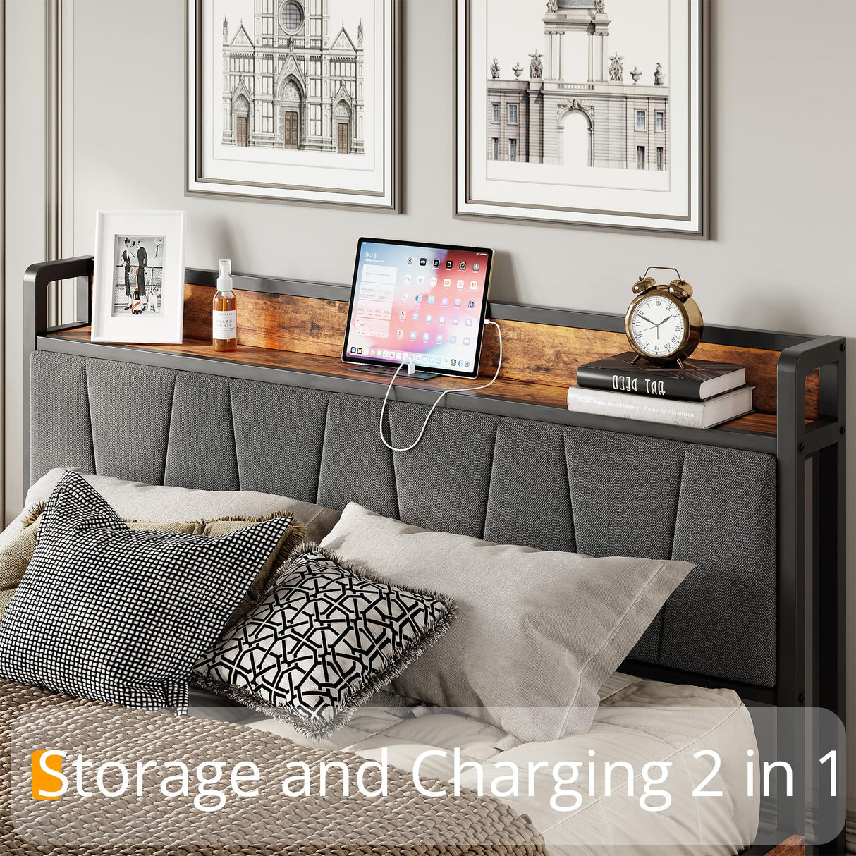 LIKIMIO Vintage Brown Queen Bed Frame with 4 Storage Drawers and Charging Headboard LIKIMIO