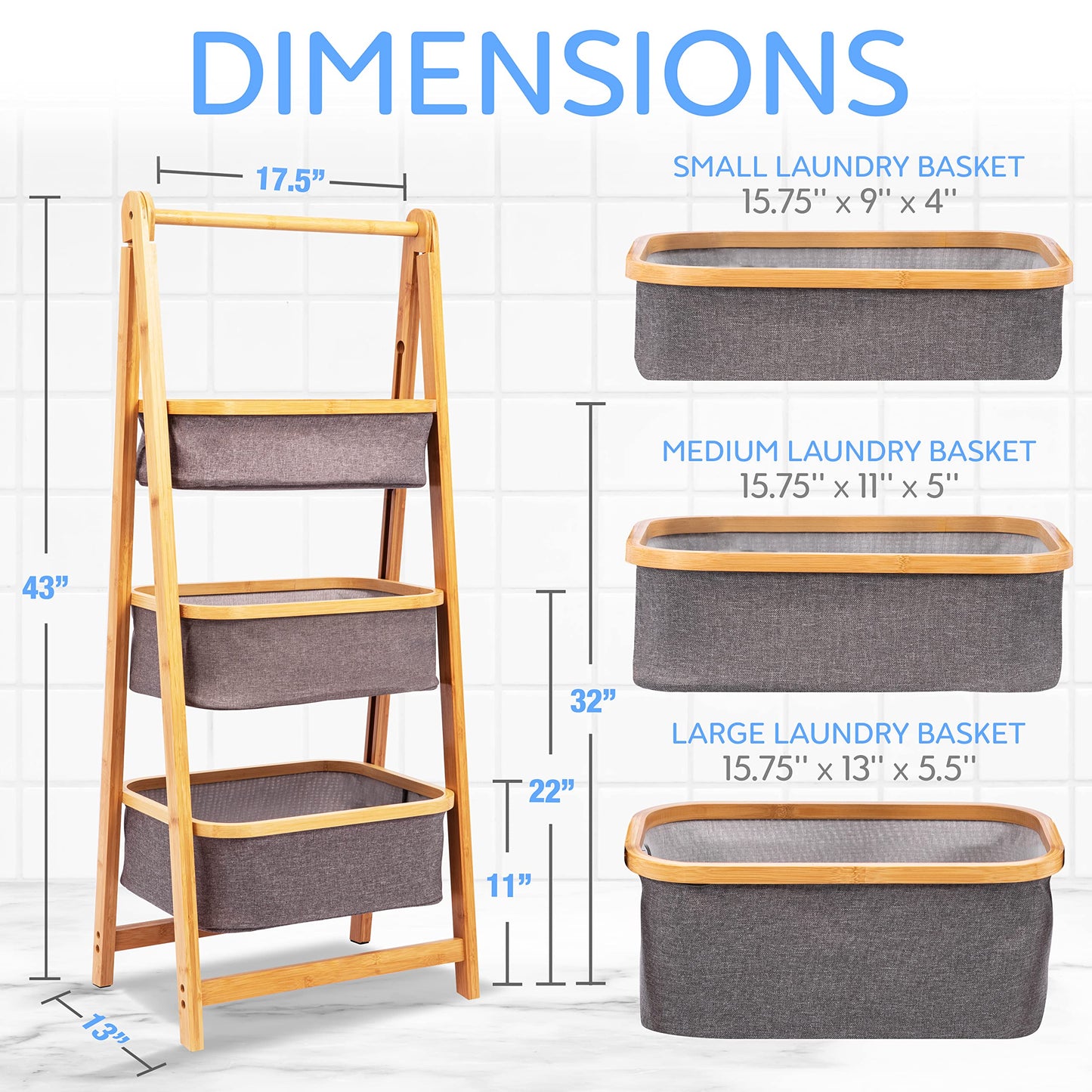 SerenelifeHome 3 Tier Fold Out Hamper Shelf Storage - Space Saving Collapsible Foldable Natural Bamboo Wooden Organizer Removable Baskets for Bedroom Bathroom Laundry Clothes Towels