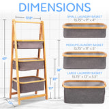 SerenelifeHome 3 Tier Fold Out Hamper Shelf Storage - Space Saving Collapsible Foldable Natural Bamboo Wooden Organizer Removable Baskets for Bedroom Bathroom Laundry Clothes Towels SereneLife