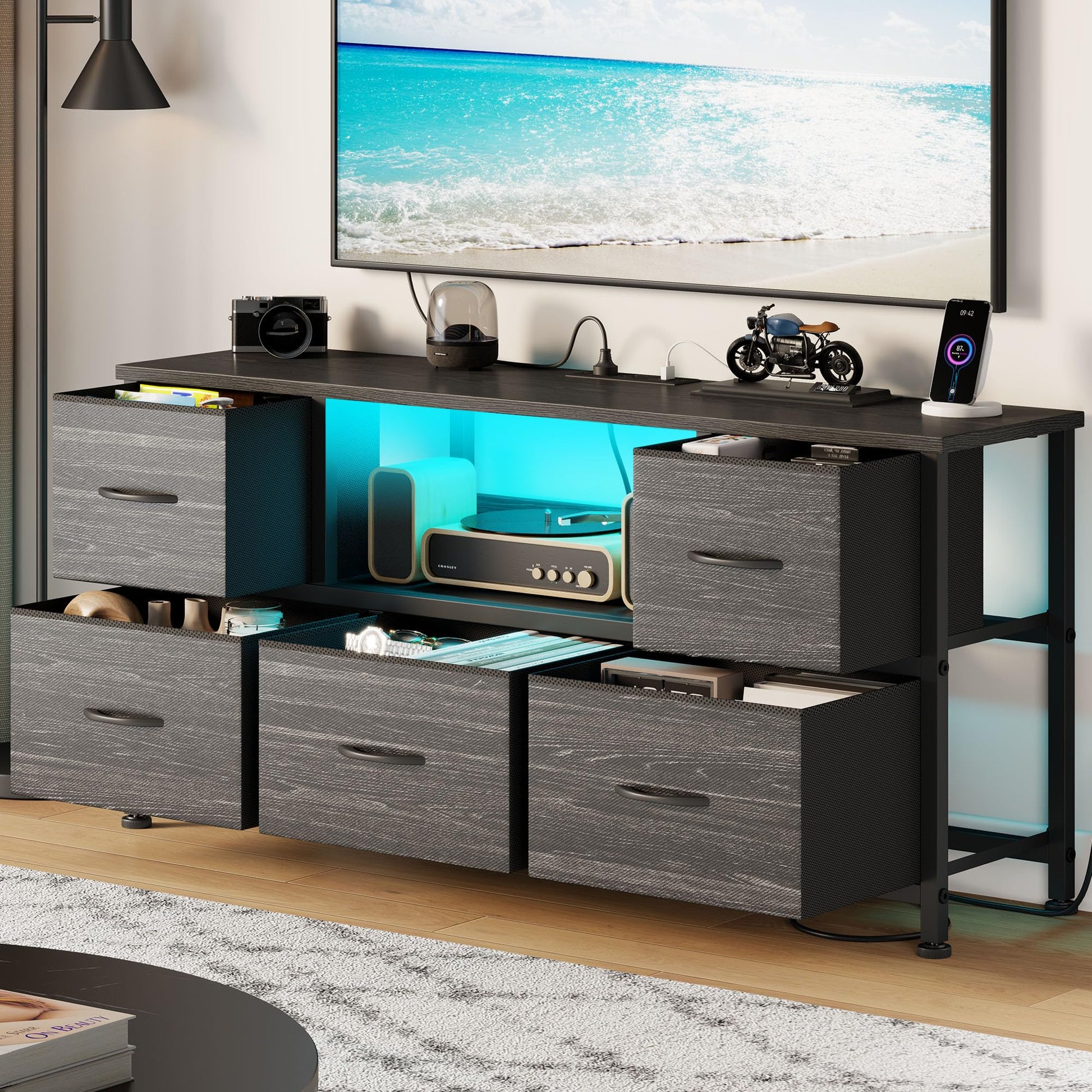 Lulive TV Stand Dresser for Bedroom with LED Light, Entertainment Center for 55 inch TV, 5 Drawer Dresser TV Stand with Power Outlets, Adjustable Feet for Living Room Bedroom, Charcoal Black - WoodArtSupply