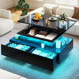 DWVO LED Lift Top Coffee Tables for Living Room, Rectangular Coffee Table with 4 Spacious Drawers, Modern Center Table with Lifting Top for Home Decor, Black DWVO
