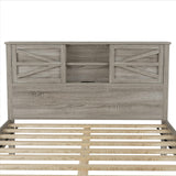 Farmhouse Full Size Bed Frame with Charging Station, Adjustable Headboard Shelves, and Sliding Barn Doors in Antique Gray Bellemave