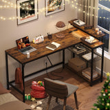 Bestier 58 L Shaped Desk with Power Outlets,Home Office Corner Desk with Reversible Shelves & LED Lights - Modern Simple Writing Study Desk for Small Space,Rustic Brown Bestier