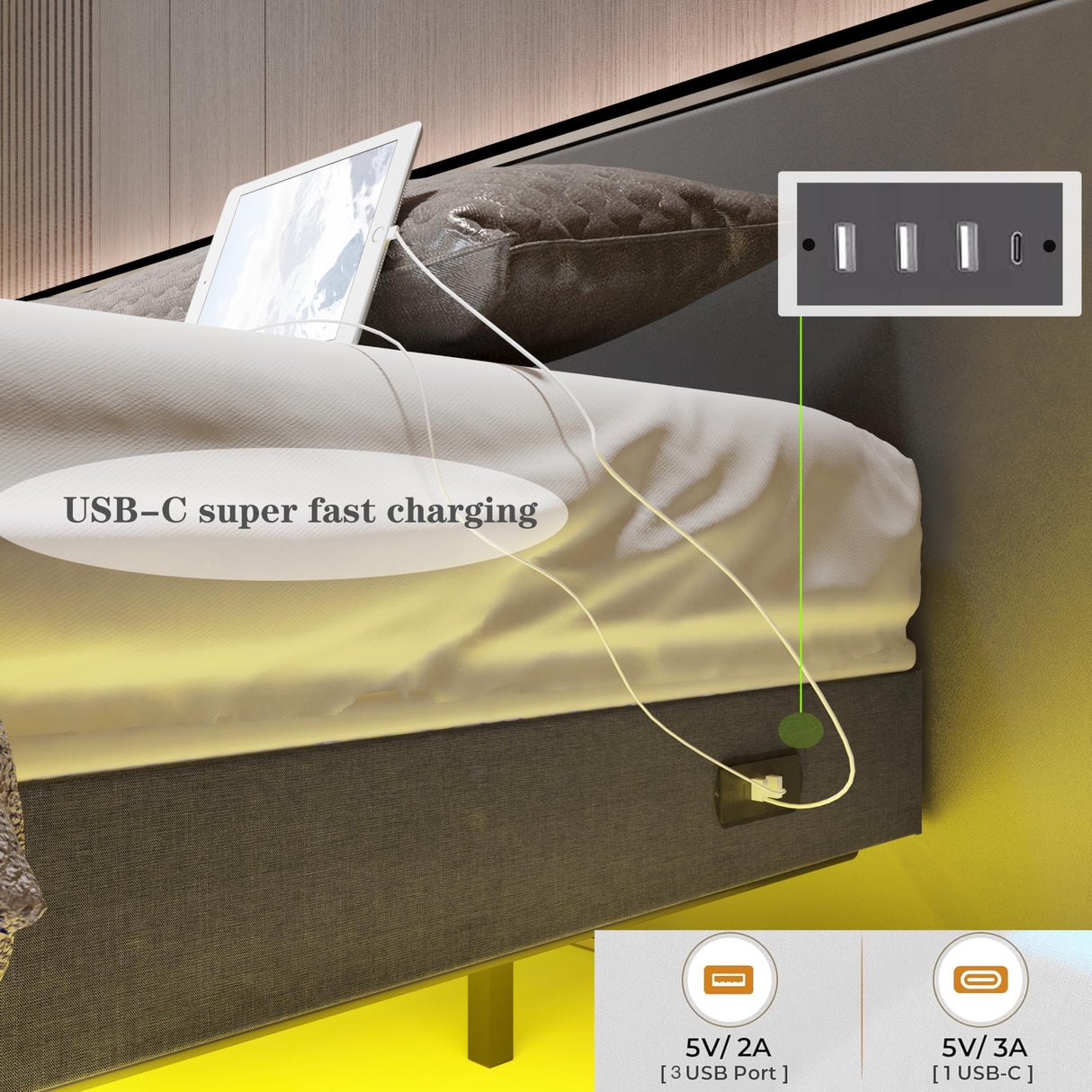 Muluflower King Size Floating Bed Frame with LED Lights and Charging Station - Modern Upholstered Metal Design, No Box Spring Required, Easy Assembly Muluflower