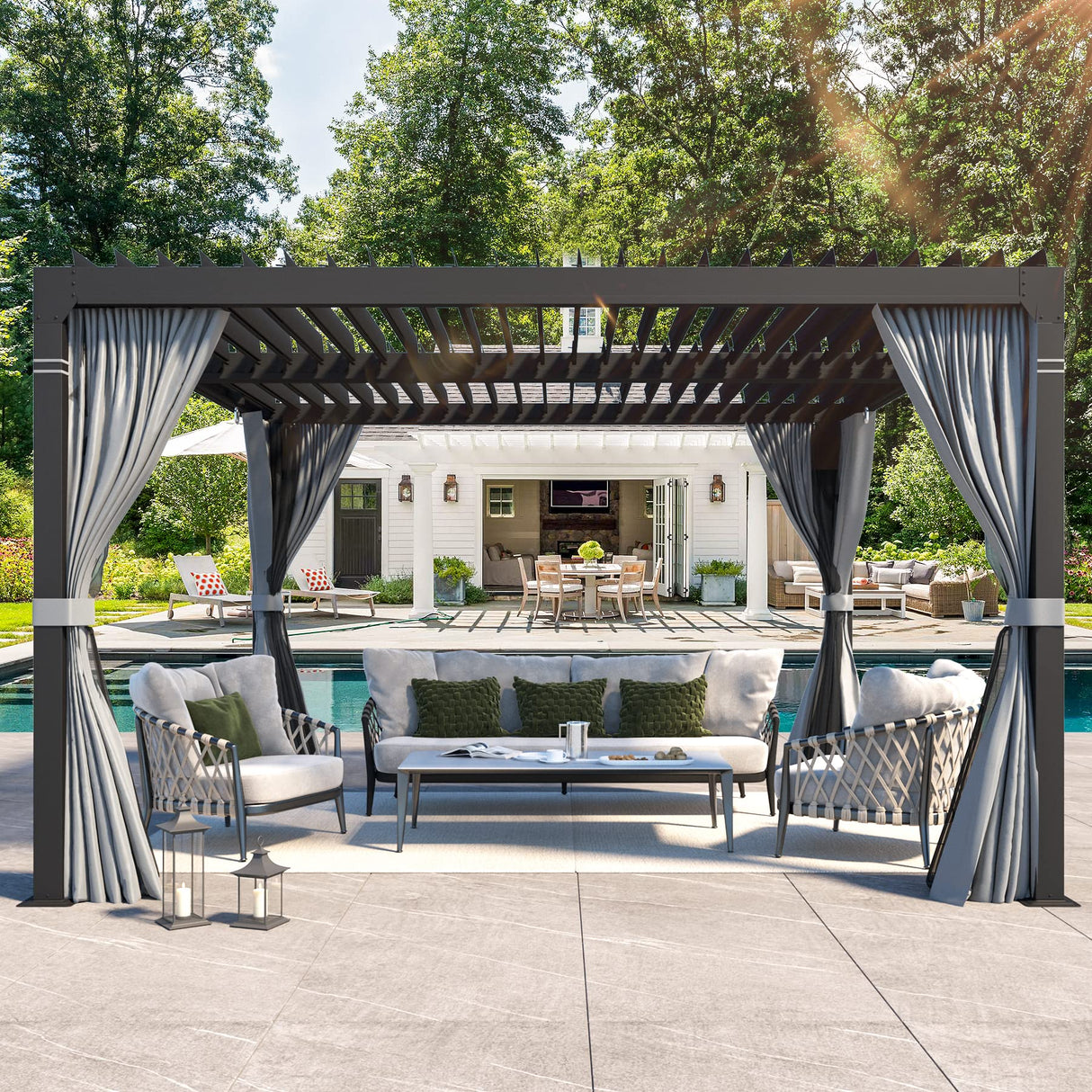 MELLCOM Louvered Pergola - 10x10 Aluminum Pergola with Adjustable Louvered Roof, Waterproof Curtains and Nets, Gray MELLCOM