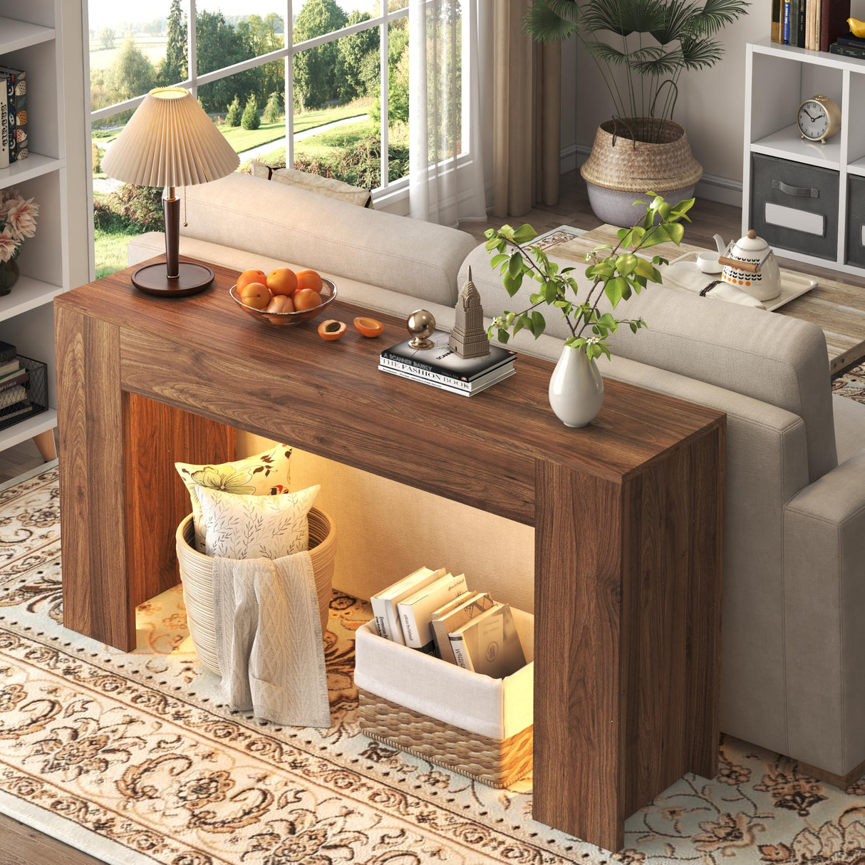 knoworld 63-Inch Long Console Table with LED Light, Farmhouse Sofa Table Behind Couch, Wooden Console Table for Entryway Hallway Entrance Living Room, Brown knoworld