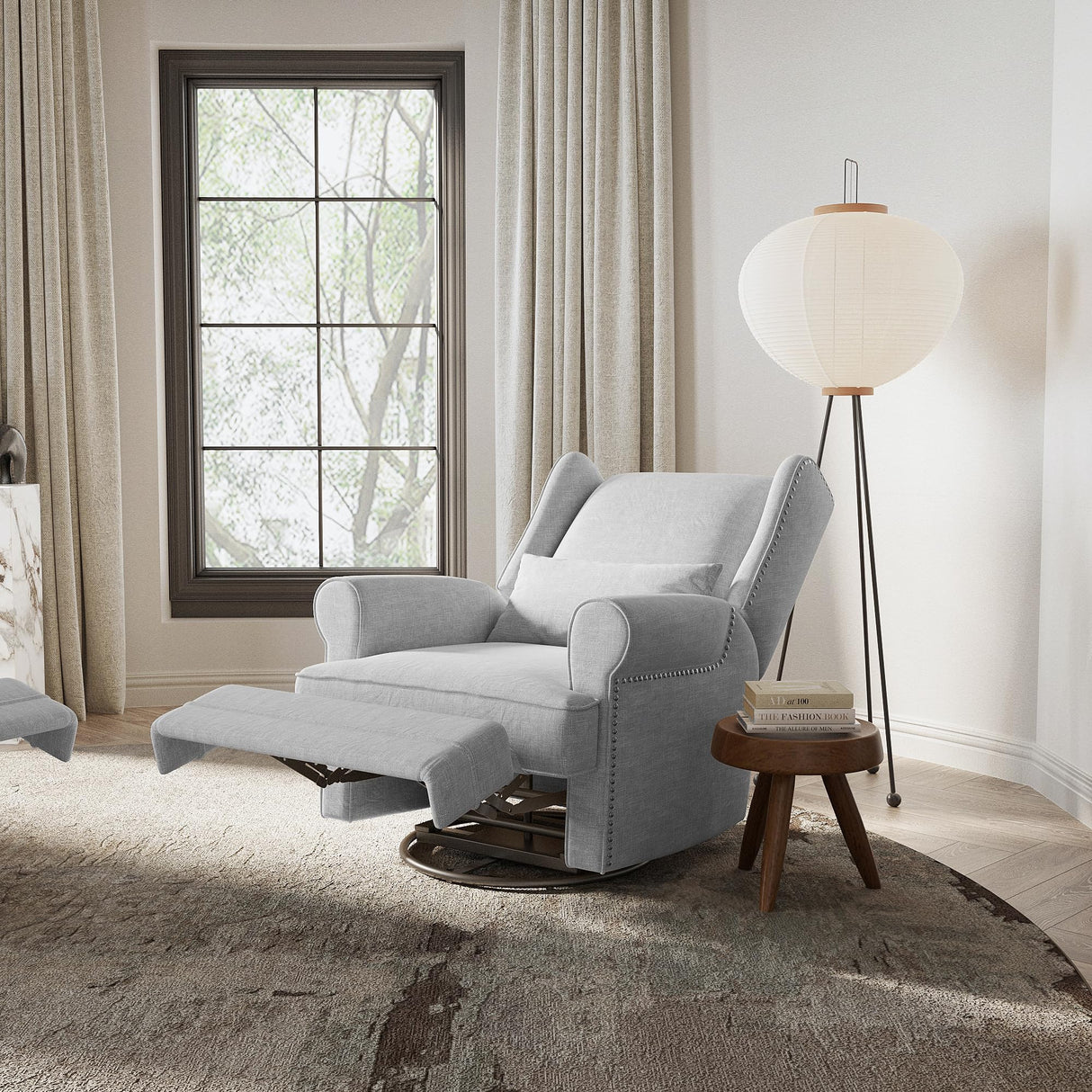 May in Color Swivel Recliner Chair with Extra Large Footrest, Comfy Upholstered Glider Rocking Chair for Living Room, Bedroom and Ofice, Grey May in Color