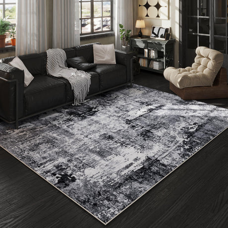 Rugcomf Area Rug 5x7 Washable Rug Boho Soft Abstract Pattern Non-Slip Faux Wool Vintage for Living Room, Bedroom, Farmhouse, Dining Room, Kids Playroom, Grey and Black Rugcomf